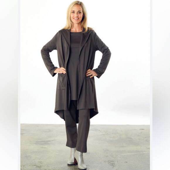 Bryn Walker Morgen Open Front Longline Hoodie Cardigan in Brown S - Picture 1 of 12